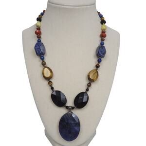 Vtg Large Sodalite Pendant 925 Necklace Gemstone Carnelian Tiger Eye Onyx Bead